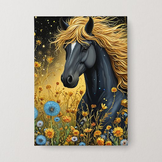Majestic Black Hallion Amid Vibranding Wildblumen Button (Vorderseite)