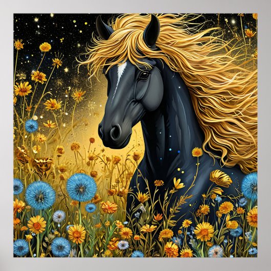 Majestic Black Hallion Amid Vibranding Wildblumen Poster (Vorne)