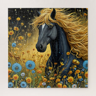 Majestic Black Hallion Amid Vibranding Wildblumen Puzzle
