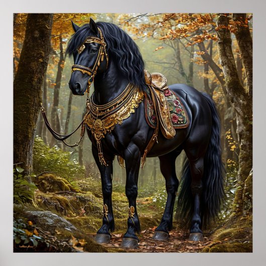 Majestic Black Horse in Regal Gold Adornments Poster (Vorne)