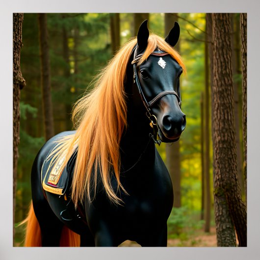 Majestic Black Horse mit blühender Mane Poster (Vorne)