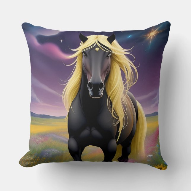 Majestic Black Horse mit Golden Mane Kissen (Vorderseite)