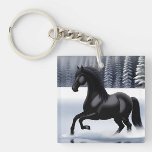 Majestic Black Prancing auf einer verschneiten Obe Schlüsselanhänger