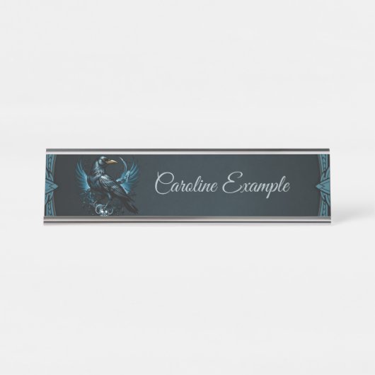 Majestic Black raven auf einem verzierten, Schreibtischnamensplakette (Vorderseite )
