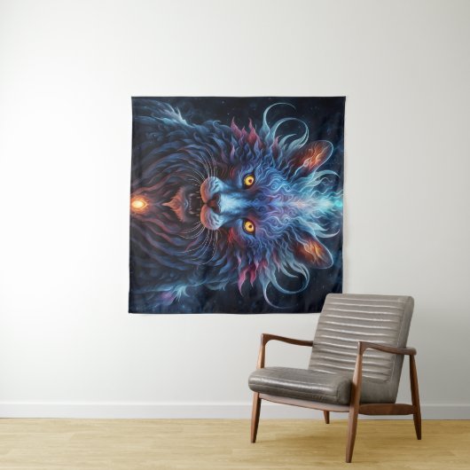 Majestic Blue Pink Lion Fantasy Wandteppich (Beispiel (Horizontal))