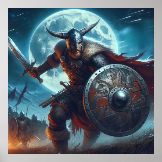 Majestic Blue Toned Moonlit Viking Szene Poster (Vorne)