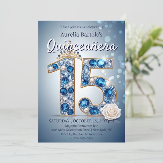 Majestic Blue und Silver Diamond Tiara Quinceanera Einladung (Stehend Vorderseite)