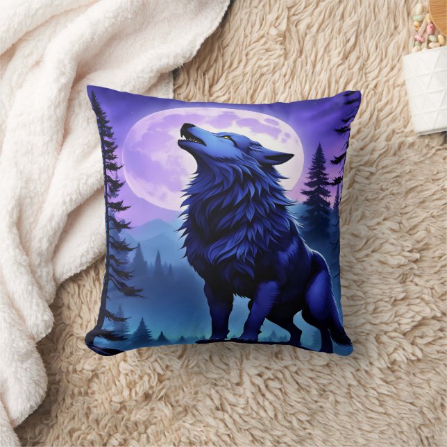Majestic Blue Wolf heult unter Vollmond Kissen (Decke)