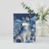Majestic Blue Wolf in Starry Blossom Garden Postkarte (Stehend Vorderseite)