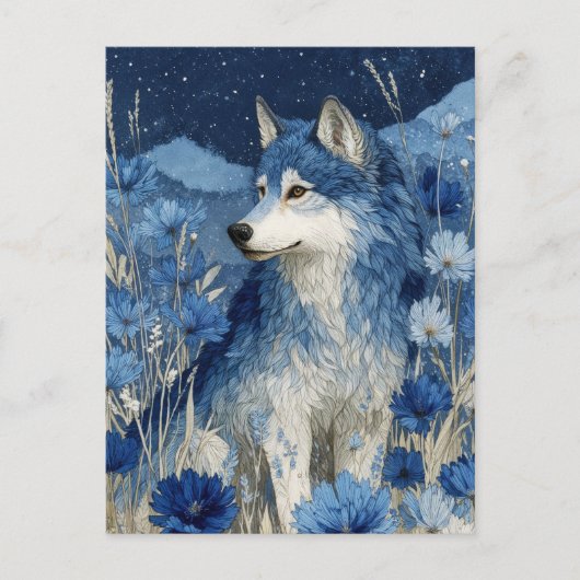 Majestic Blue Wolf in Starry Blossom Garden Postkarte (Vorderseite)