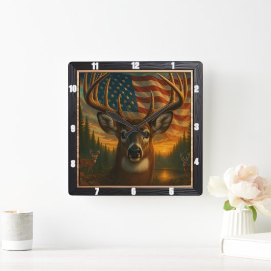 Majestic Buck American Flag Quadratische Wanduhr (Zuhause)