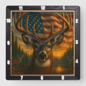 Majestic Buck American Flag Quadratische Wanduhr (Vorderseite)