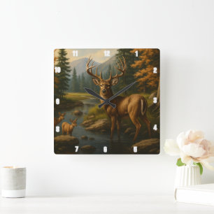 Majestic Buck by Two Fawns Forest Stream Quadratische Wanduhr