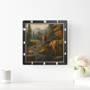 Majestic Buck Forest Stream Quadratische Wanduhr