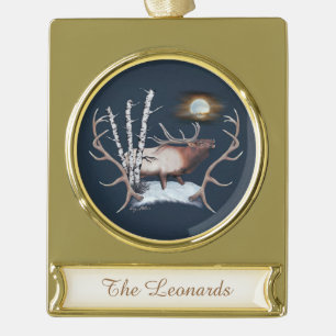 Majestic Bull Elk schluckt im Mondlicht Banner-Ornament Gold