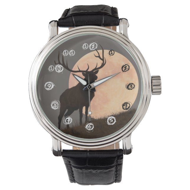 Majestic Bull Elk und Vollmond-Aufstieg Armbanduhr (Vorderseite)
