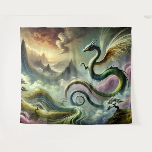 Majestic Celestial Dragon über Fantasy Mountains Wandteppich (Vorderseite (Horizontal))