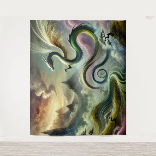Majestic Celestial Dragon über Fantasy Mountains Wandteppich (Vorderseite)