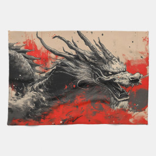 Majestic Chinese Dragon mit Red Ink Spritzer Geschirrtuch