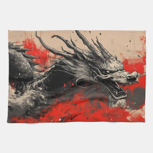 Majestic Chinese Dragon mit Red Ink Spritzer Geschirrtuch (Horizontal)