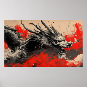 Majestic Chinese Dragon mit Red Ink Spritzer Poster