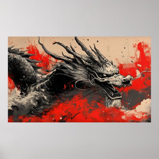 Majestic Chinese Dragon mit Red Ink Spritzer Poster (Vorne)