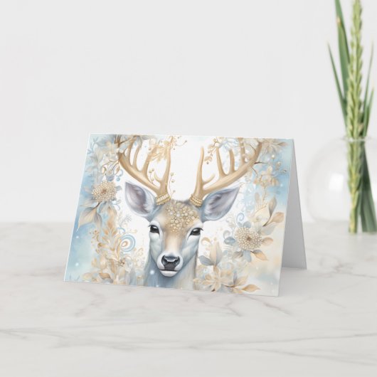Majestic Christmas Deer in Blau und Gold Karte (Vorderseite)
