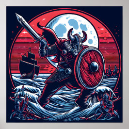 Majestic Crimson Navy Viking in Moonlight Poster