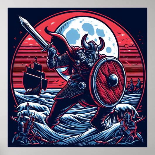 Majestic Crimson Navy Viking in Moonlight Poster (Vorne)