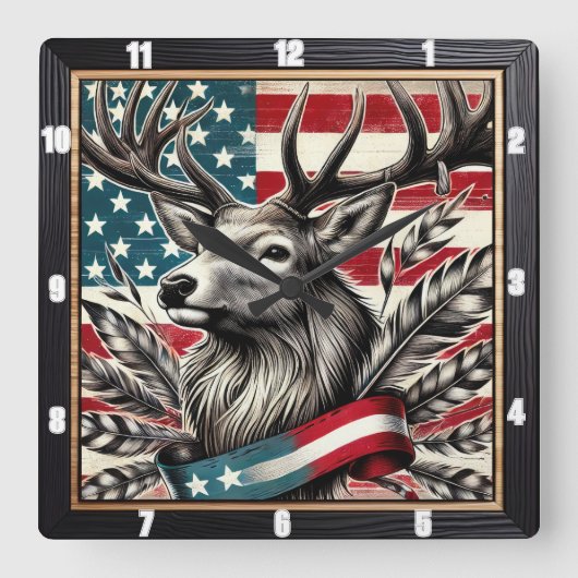 Majestic Deer Flag Feather Quadratische Wanduhr (Vorderseite)