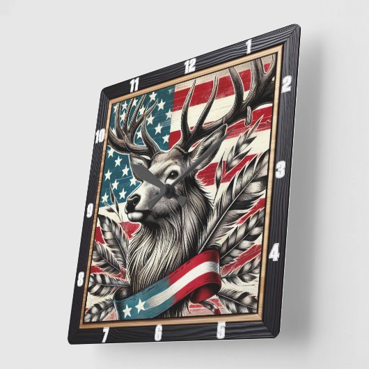 Majestic Deer Flag Feather Quadratische Wanduhr (Winkel)