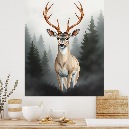 Majestic Deer in Misty Forest – Tranquil Wildlife Poster (Küche)