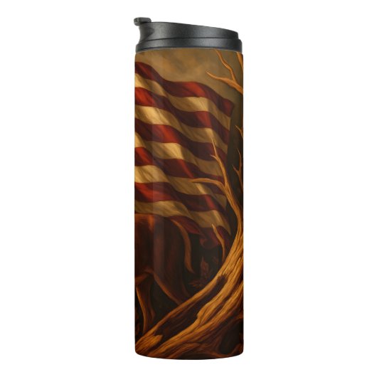 Majestic Deer unter amerikanischer Flagge Thermosbecher (Nach rechts gedreht)