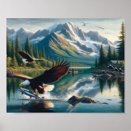 Majestic Eagle Capturing Fish at Sunrise 10x8 Poster (Vorne)