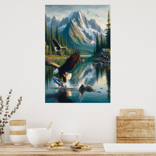 Majestic Eagle fängt Fisch bei Sonnenaufgang ein Poster (Küche)