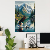 Majestic Eagle fängt Fisch bei Sonnenaufgang ein Poster (Heimbüro)