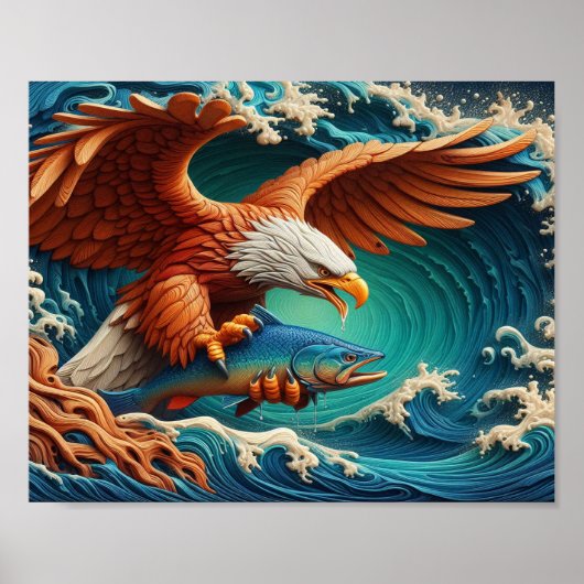 Majestic Eagle Fishing in einer Welle von 10x8 Poster (Vorne)