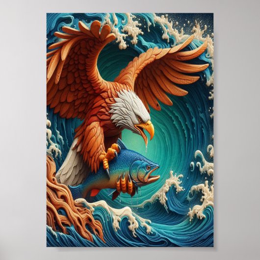 Majestic Eagle Fishing in einer Welle von 7x5 Poster (Vorne)