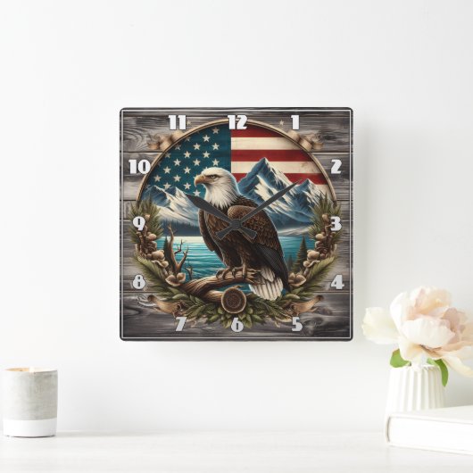 Majestic Eagle gegen die amerikanische Landschaft Quadratische Wanduhr (Zuhause)