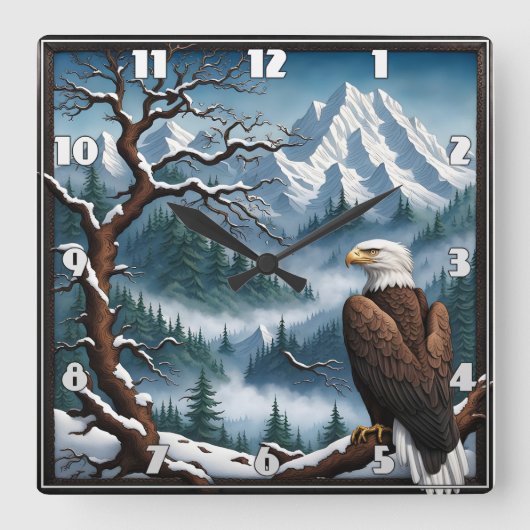 Majestic Eagle inmitten der Landschaft des schneeb Quadratische Wanduhr (Vorderseite)
