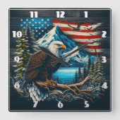 Majestic Eagle mit Bergen und Fahnen Quadratische Wanduhr (Vorderseite)