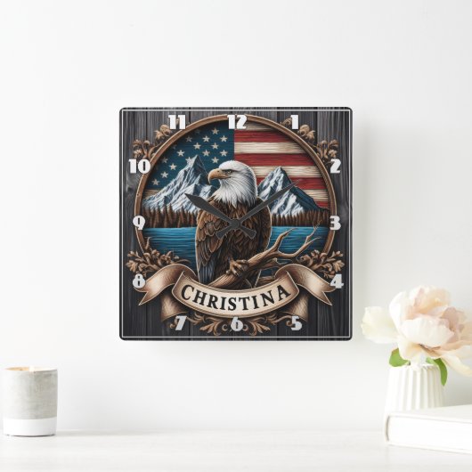 Majestic Eagle mit Blick auf die Bergwelt Quadratische Wanduhr (Zuhause)