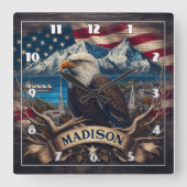 Majestic Eagle mit Blick auf Madison Landschaft Quadratische Wanduhr (Vorderseite)