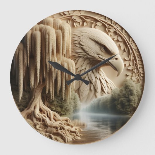Majestic Eagle mit Blick auf Serene Lake Große Wanduhr (Vorderseite)