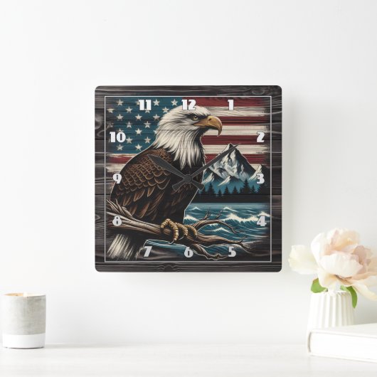 Majestic Eagle on Branch mit amerikanischem Thema Quadratische Wanduhr (Zuhause)