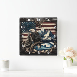 Majestic Eagle Over American Landscape The Dusk Quadratische Wanduhr