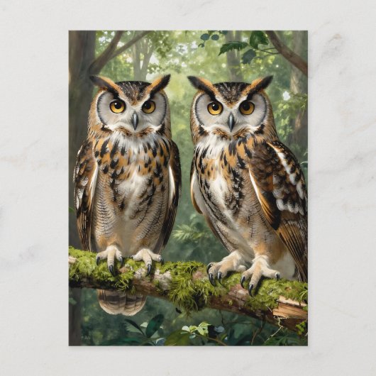 Majestic Eagle Owls Forest Perch Postkarte (Vorderseite)