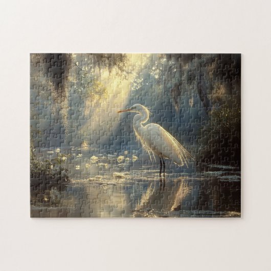 Majestic Egret Stehend in einem sonnigen Sumpf Puzzle (Horizontal)