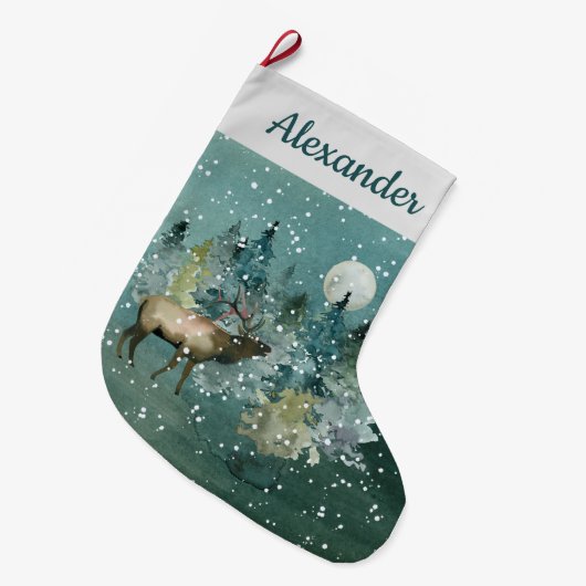 Majestic Elch in Forest Full Moon Snowfall Custom Großer Weihnachtsstrumpf (Vorderansicht (hängend))