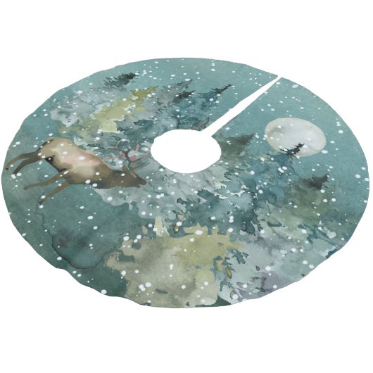 Majestic Elch in Forest Full Moon Snowfall Polyester Weihnachtsbaumdecke (Schrägansicht)